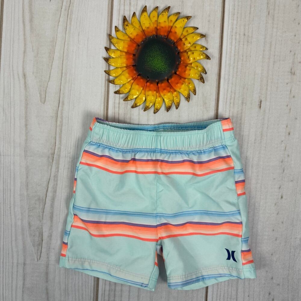 Kids Hurley Swim Trunks Shorts Sz 12M Aqua Orange Stripe Elastic Waist